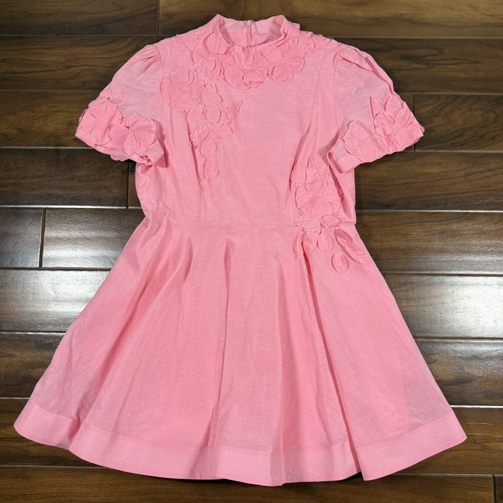 Antonio Melani‎ Women's Size 10 Pink Taffy Floral Appliqué Iris Linen Mini Dress